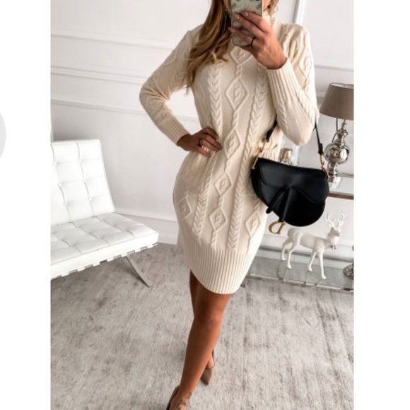 Beige High Neck Textured Bodycon Sweater Dress - Picture 3 of 14